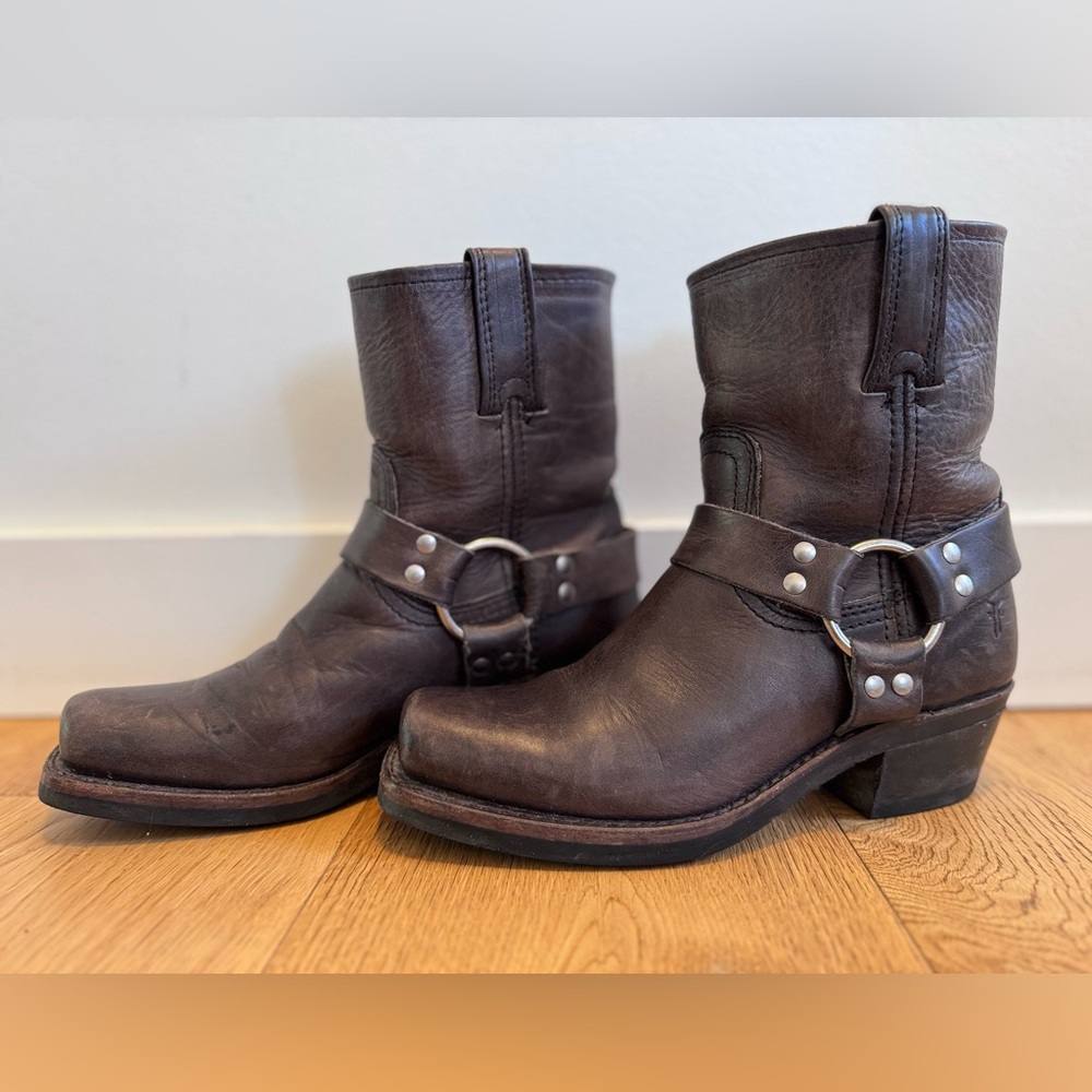 Frye Chocolate Leather Harness Ankle Boots
